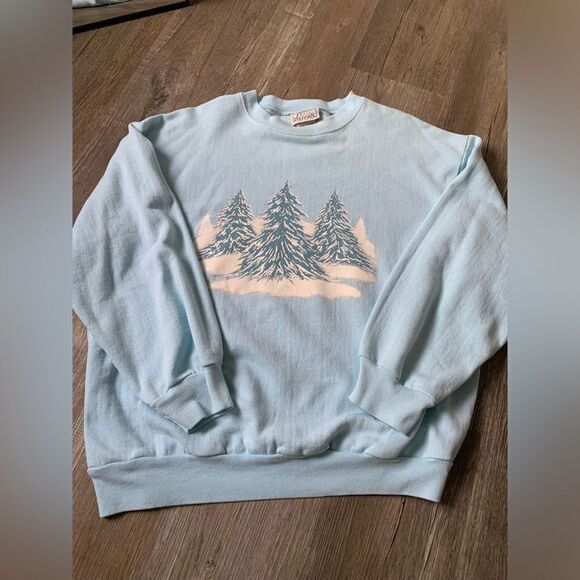 VTG Christmas Sweater Snowy Trees Winter Graphic Crewneck Sweatshirt Blue L - Picture 1 of 10
